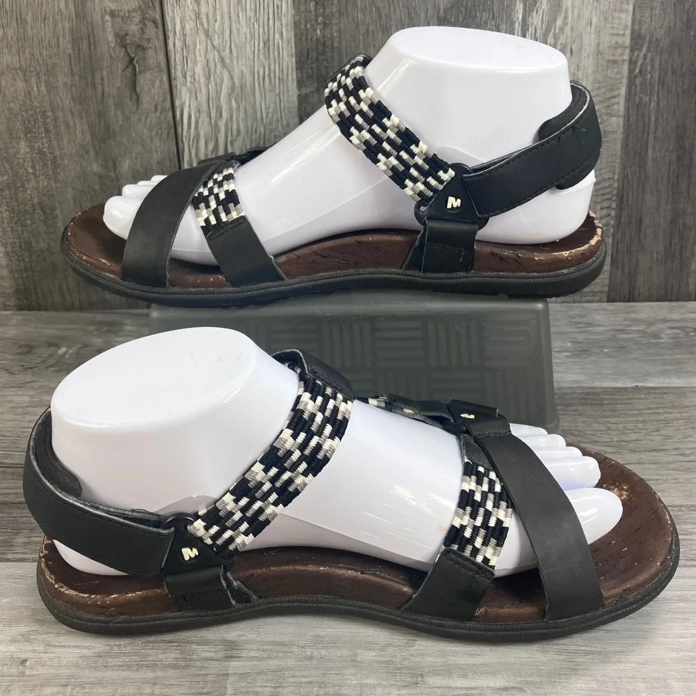 Merrell Womens Black White Checkered Leather Strappy Sandals J94148 Size 7